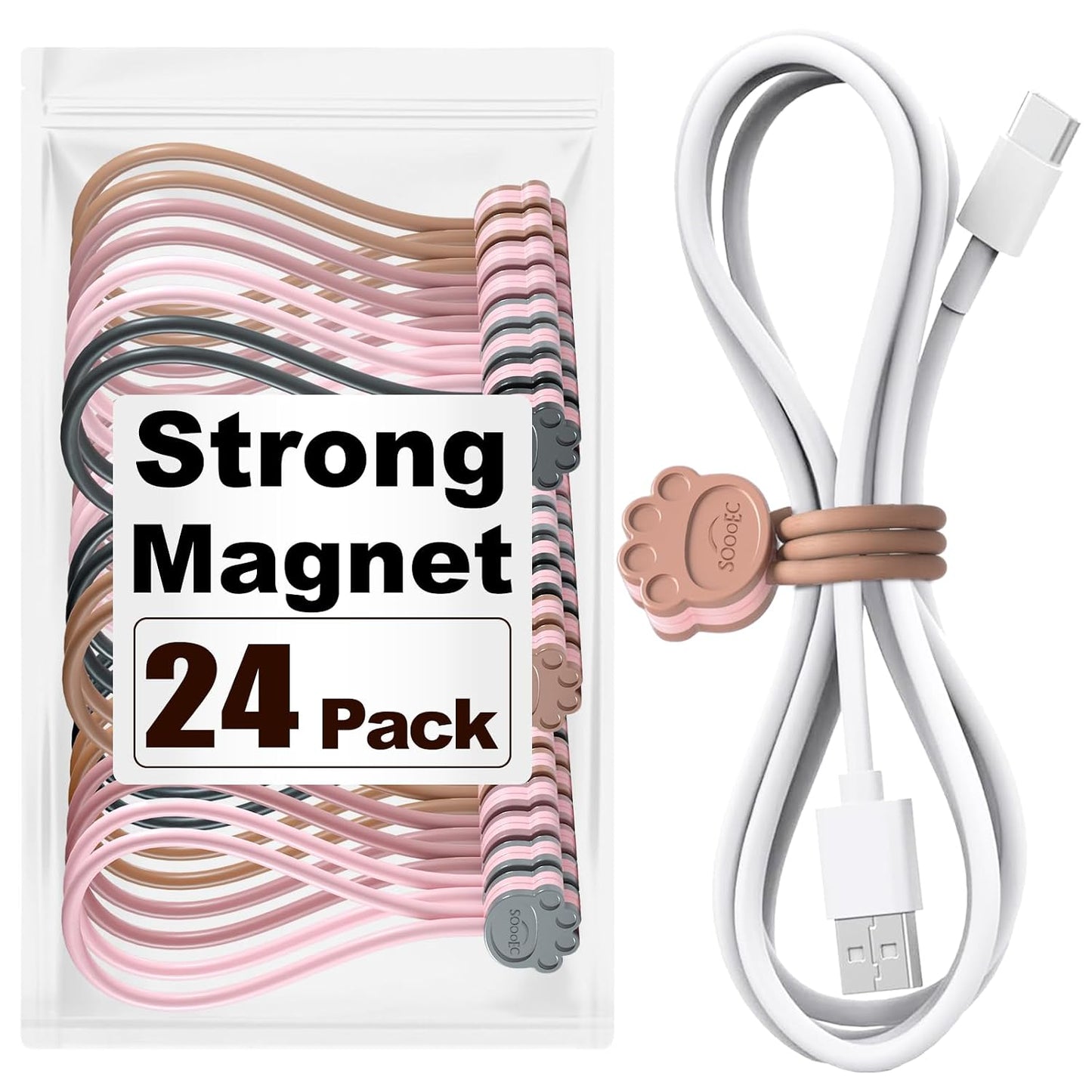 Magnetic Cable Ties 24 Pack, Dual-Color Cat Paw 7.2" Silicone Ties | Strong Magnet Hold / Embedded Safe Magnet / Easy Slide Open / Flex Silicone / Dual-Color Cat Paw / Multi Use / Fridge Magnet