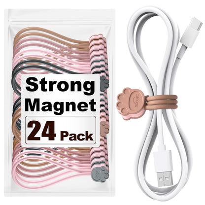 Magnetic Cable Ties 24 Pack, Dual-Color Cat Paw 7.2" Silicone Ties | Strong Magnet Hold / Embedded Safe Magnet / Easy Slide Open / Flex Silicone / Dual-Color Cat Paw / Multi Use / Fridge Magnet