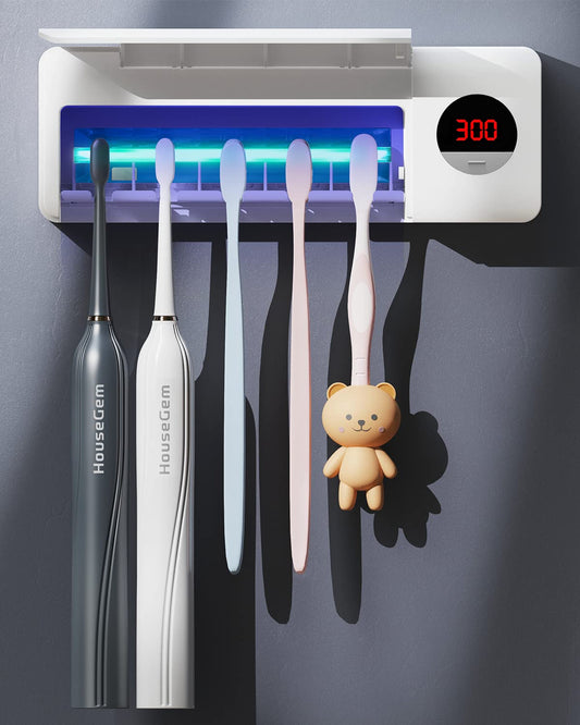 Toothbrush Holder for Bathroom Wall Mounted, Rechargeable - White | EPA Certified; 300s Smart Timer; 2000mAh Battery; LCD Working Display; Holds 5 Toothbrushes; Easy Wall Mount