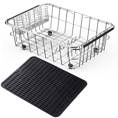 NiuYichee Stainless Steel Dish Drying Rack(15"L X 11"W X 4.1"H), Expandable Fruit & Vegetable Drain Rack over Sink, Dish Drainer Rack in Sink, with Stainless Steel Utensil Holder & Silicone Mat(16")