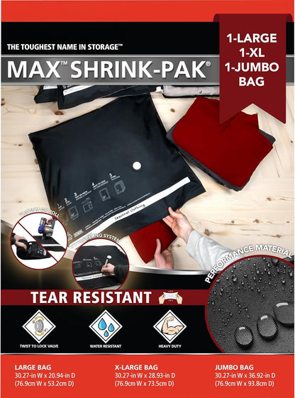 MAX Shrink-Pak Vacuum Seal Storage Bags for Clothing, Travel, Bedding | Tear-Proof, Dual-Valve Space Saver Compression Bags - 1 Large, 1 XL, 1 Jumbo