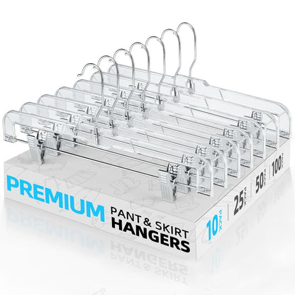 HOUSE DAY Clear Pants Hangers with Clips 10 Pack, 14'' Skirt Hangers | No-Mark Clip Hangers with Stronger Grip, Adjustable Clips for Jeans, Pants, Skirts and Shorts, Bulk Closet Hangers