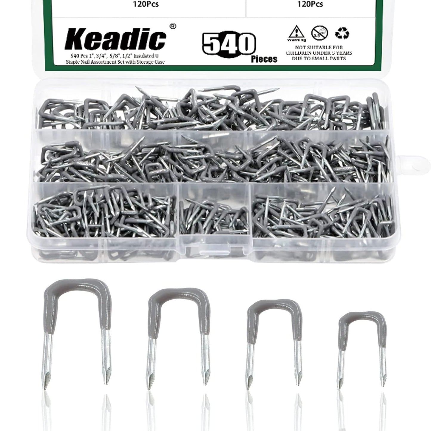Keadic 540Pcs Insulated U Staple Nail Assorted Size Set, 0.56", 0.44“, 0.41", 0.36" Electrical Cable Staples Metal Cable Clip with Plastic Staple Wire Holder for Fixing Wires Cables