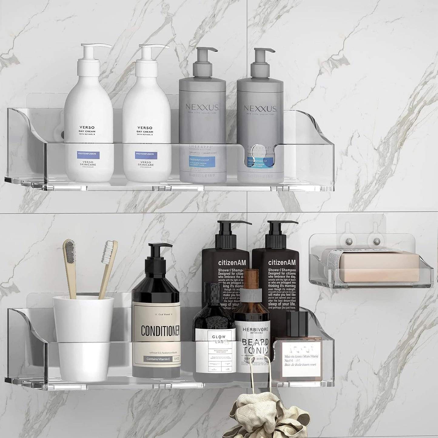 Acrylic Shower Shelves 3 Pack, Clear Adhesive Shower Caddy Organizer, Rustproof No Drill Wall Mount Bathroom & Kitchen Storage Rack