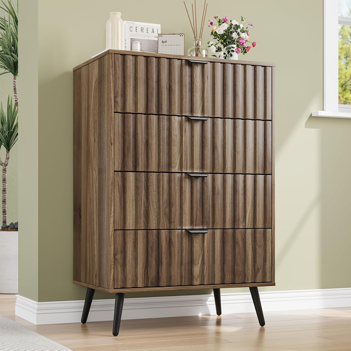 Walnut Fluted 4 Drawers Dresser for Bedroom, Chest of Drawers with Metal Wide Handle, Wooden Dresser for Closet, Bedroom, Living Room, 23.6" x 14.9"D x 30.7" H