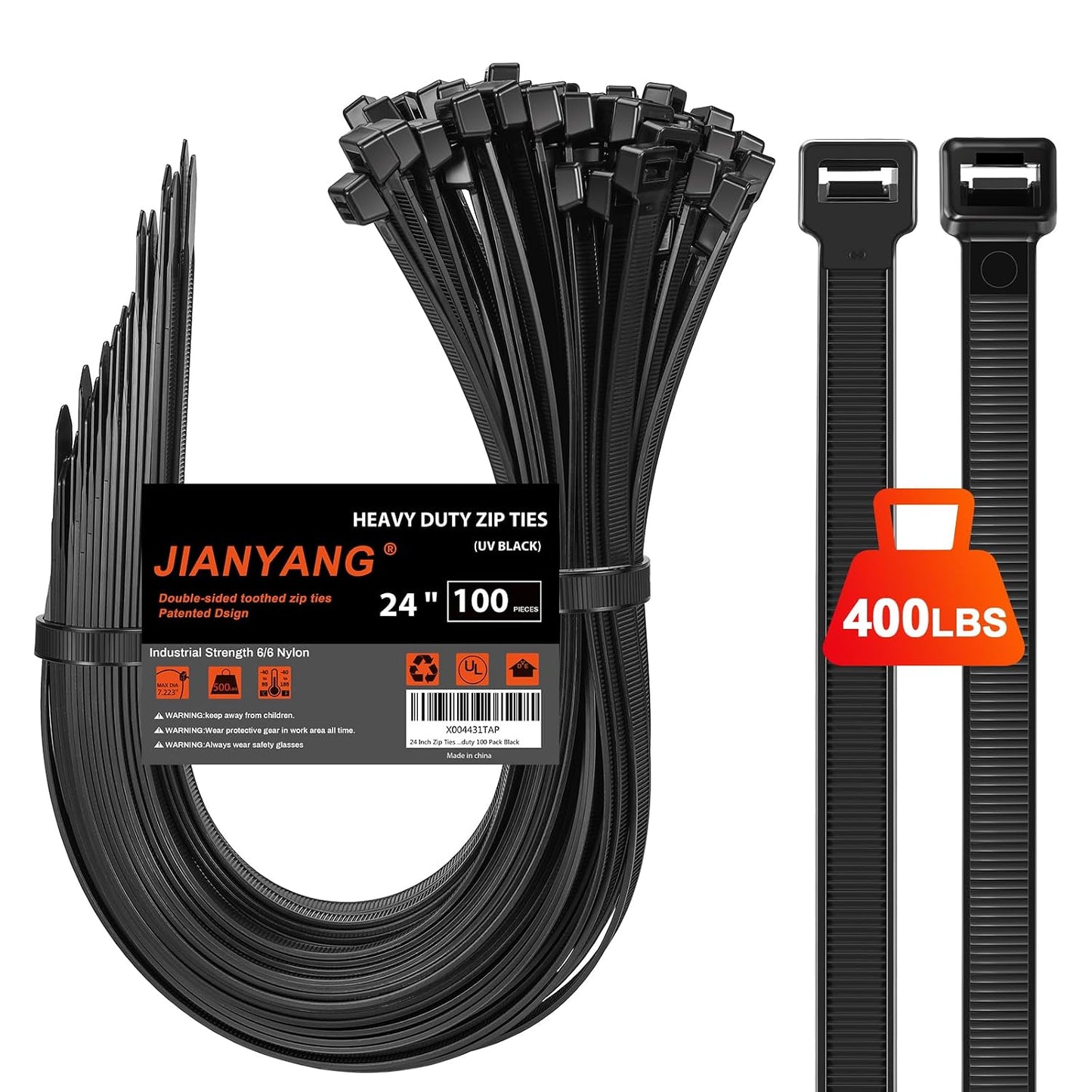 Long Zip Ties Heavy Duty 24 inch，400 LBS Tensile Strength With Double Sided Toothed Super Durable Cable Ties ，Extra Large Wire Ties Adjustable Nylon Tie Wraps for Indoor Outdoor （100 Pack Black）