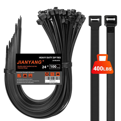 Long Zip Ties Heavy Duty 24 inch，400 LBS Tensile Strength With Double Sided Toothed Super Durable Cable Ties ，Extra Large Wire Ties Adjustable Nylon Tie Wraps for Indoor Outdoor （100 Pack Black）