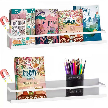 Metal Magnetic Book Shelf for Whiteboard, Metal Magnetic Bookshelf, Book Display Shelf for Teacher Kids Classroom Office (White)