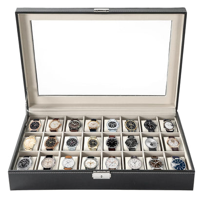24 Slots Watch Box, Watch Display Organizer for Men Women | Loackable with Keys, Visible Glass Top, PU Leather Display Storage Collection, Watch Case with Removable Pillows, Modern