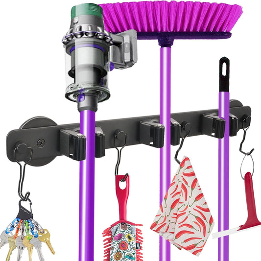 Heavy Duty Magnetic Mop Broom Holder with Swivel Hooks | Strong Magnet Mount Tool Hanger Organize System Utility Rack for Refrigerators Laundry Garage Kitchen