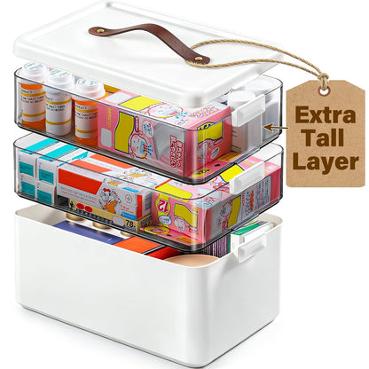 Homaigie Extra Tall 3-Tier Medicine Cabinet Organizer for Medicine Bottles Organizer, Portable Medicine Storage Box with Leather Handle, Empty First Aid Kit Container for Home, Classroom