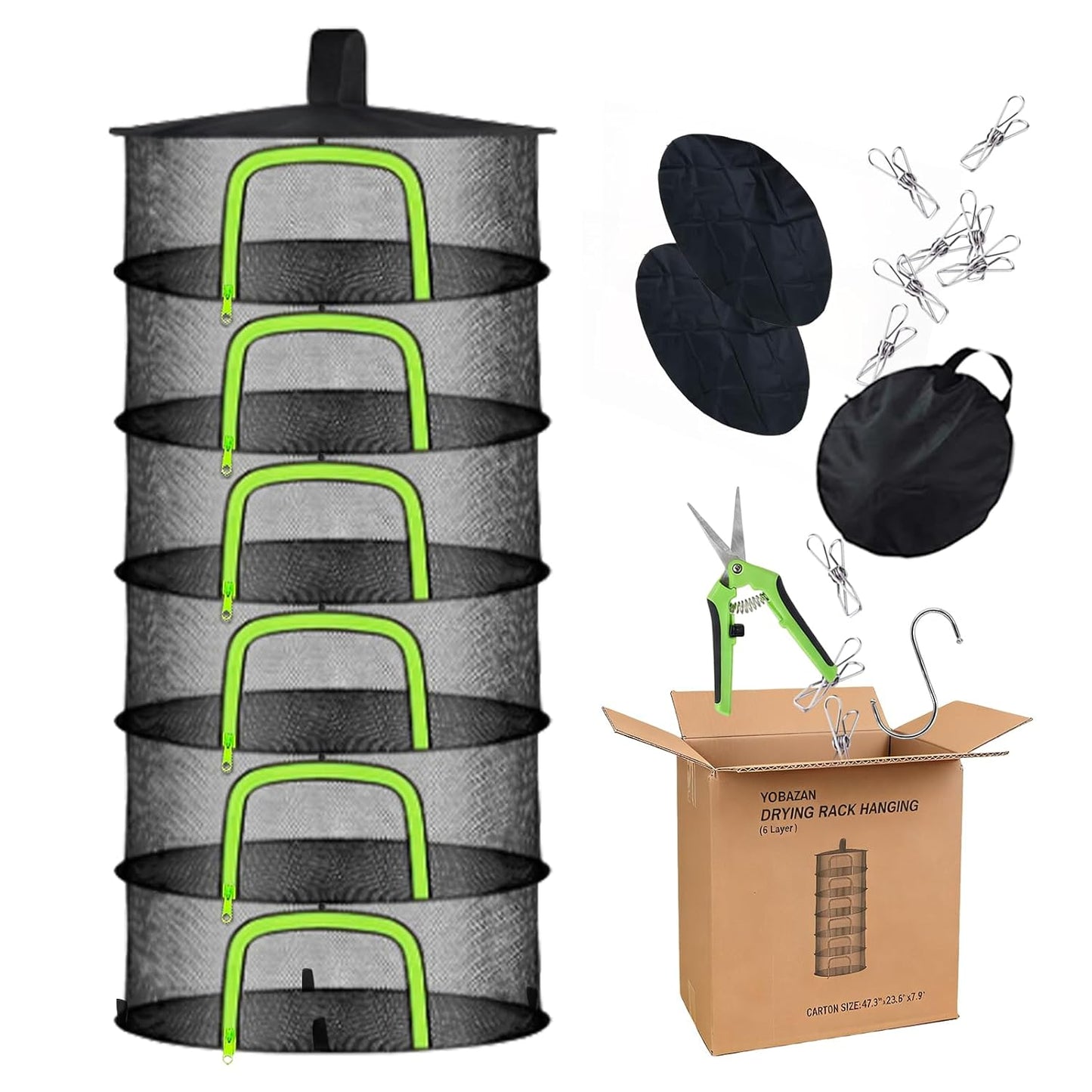 Herb Drying Rack Hanging Mesh Net - 6 Tier plant drying rack Foldable Design with U-Zipper, Bonus Pruning Shears & Plant Hooks for Garden Herbs, Vegetables, Fruits, Flowers & Dried Foods (23.62")