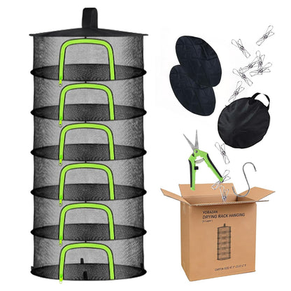 Herb Drying Rack Hanging Mesh Net - 6 Tier plant drying rack Foldable Design with U-Zipper, Bonus Pruning Shears & Plant Hooks for Garden Herbs, Vegetables, Fruits, Flowers & Dried Foods (23.62")