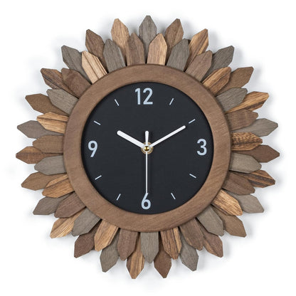 Wall Clock Battery Operated 12 in Rustic Wood Boho Sunburst Decorative Wall Clock Silent Non Ticking Farmhouse Small Wall Clocks for Living Room Kitchen Bathroom Bedroom Decor (Tricolor)