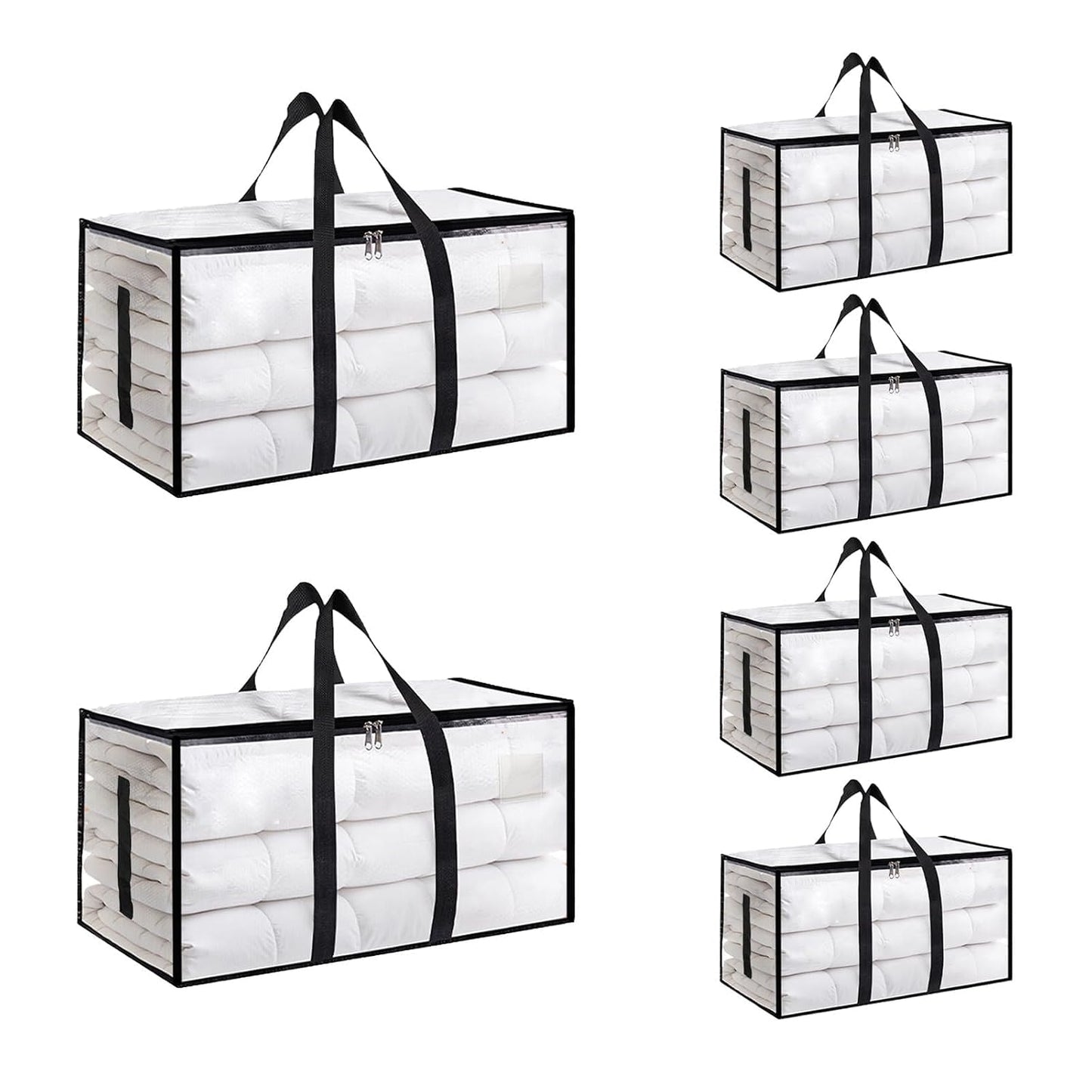 6 Pack-Extra Large Heavy Duty Moving Bags - Waterproof Storage Totes with Handles & Zippers, Foldable for College Dorm, Storage (Clear)