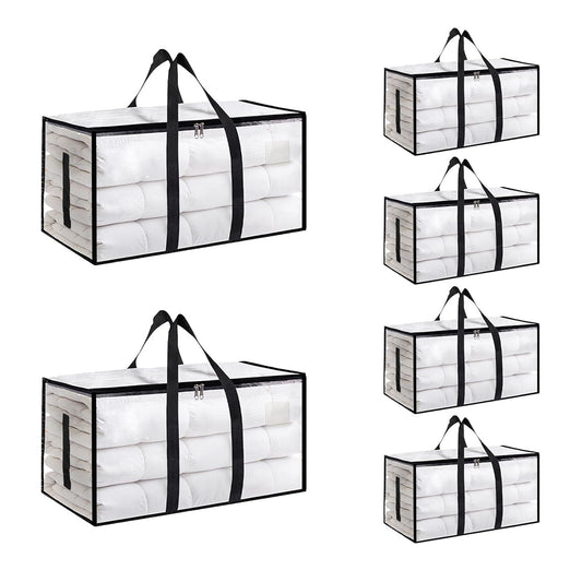 6 Pack-Extra Large Heavy Duty Moving Bags - Waterproof Storage Totes with Handles & Zippers, Foldable for College Dorm, Storage (Clear)