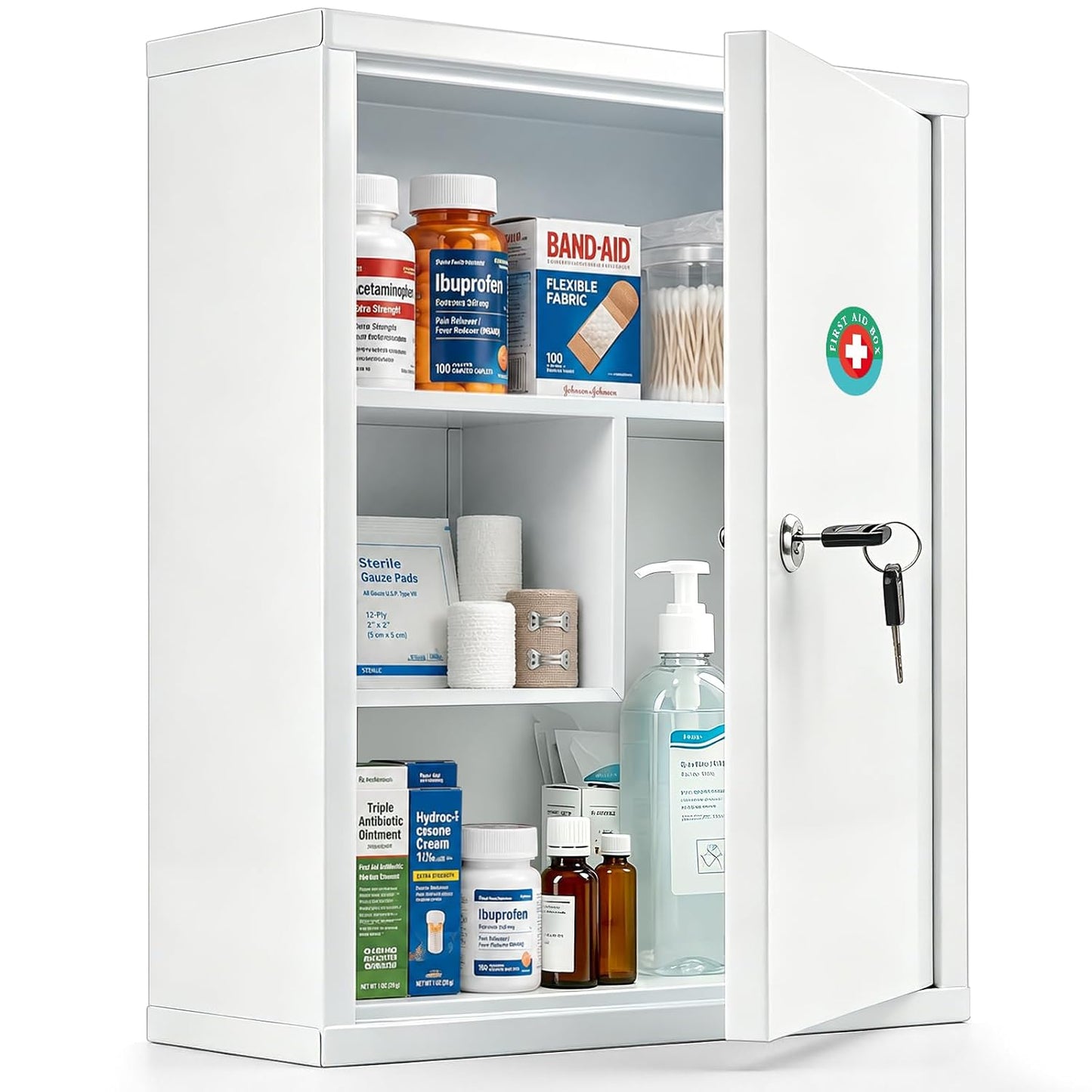 KYODOLED Wall Mount Locking Medicine Cabinet, Large Capacity First Aid Cabinet for Bathroom, Medicine Cabinet with Key, Secure Steel Lock Box for Medication, 15.75" H x 11.82" W x 4.72" D, White