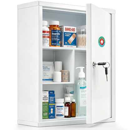 KYODOLED Wall Mount Locking Medicine Cabinet, Large Capacity First Aid Cabinet for Bathroom, Medicine Cabinet with Key, Secure Steel Lock Box for Medication, 15.75" H x 11.82" W x 4.72" D, White