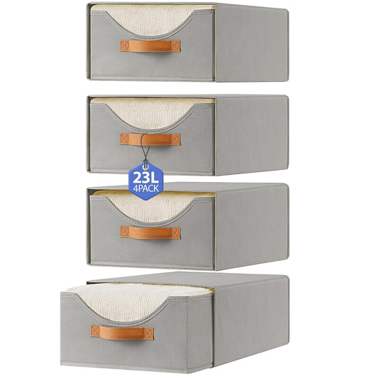 4 Pcs 16.5" Closet Drawers and Large Size Clothes Storage Bins Push-Out Storage Stackable Shelf Drawers with See-Through Window Closet Organizers for Bedroom, Living Room, Under Bed, Grey