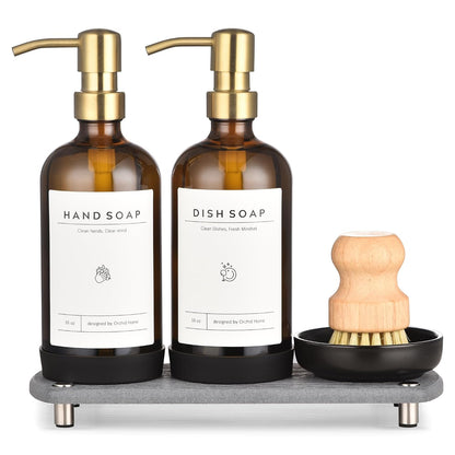 [Luxury] Kitchen Soap Dispenser Set - 16OZ Amber Glass Bottle, Stainless Steel Pump, Instant Dry Tray, Waterproof Labels, Non-Slip Silicone Pad, and Dish Brush | Upgrade for Your Kitchen and Bathroom