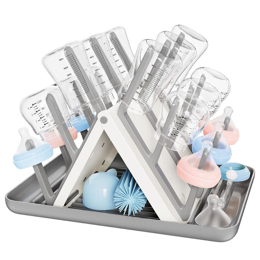 Large Baby Bottle Drying Rack, Space Saving Countertop Holder Organizer | 18 Hooks Slope, Travel Bottle Dryer, Removable Drip Tray for Bottles, Baby Brushes Pacifiers & Pump Part-BPA Free