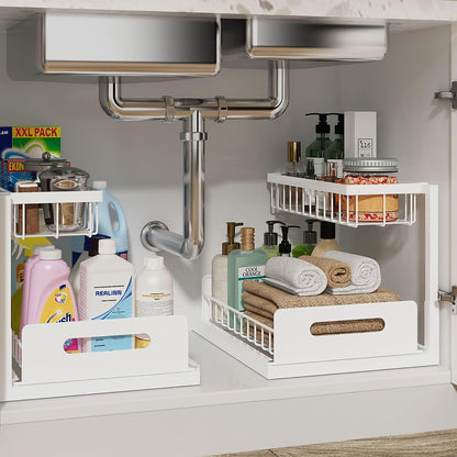 Under Sink Organizer, L-Shaped 2 Tier Pull Out Cabinet Organizer | Slide Out Under Cabinet Storage, For Kitchen and Bathroom, Metal Under Sink Storage with Sliding Drawer, 50 lbs, White 2 Pack
