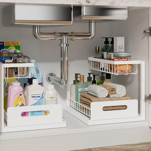 Under Sink Organizer, L-Shaped 2 Tier Pull Out Cab... (2 Count | White | Alloy Steel)