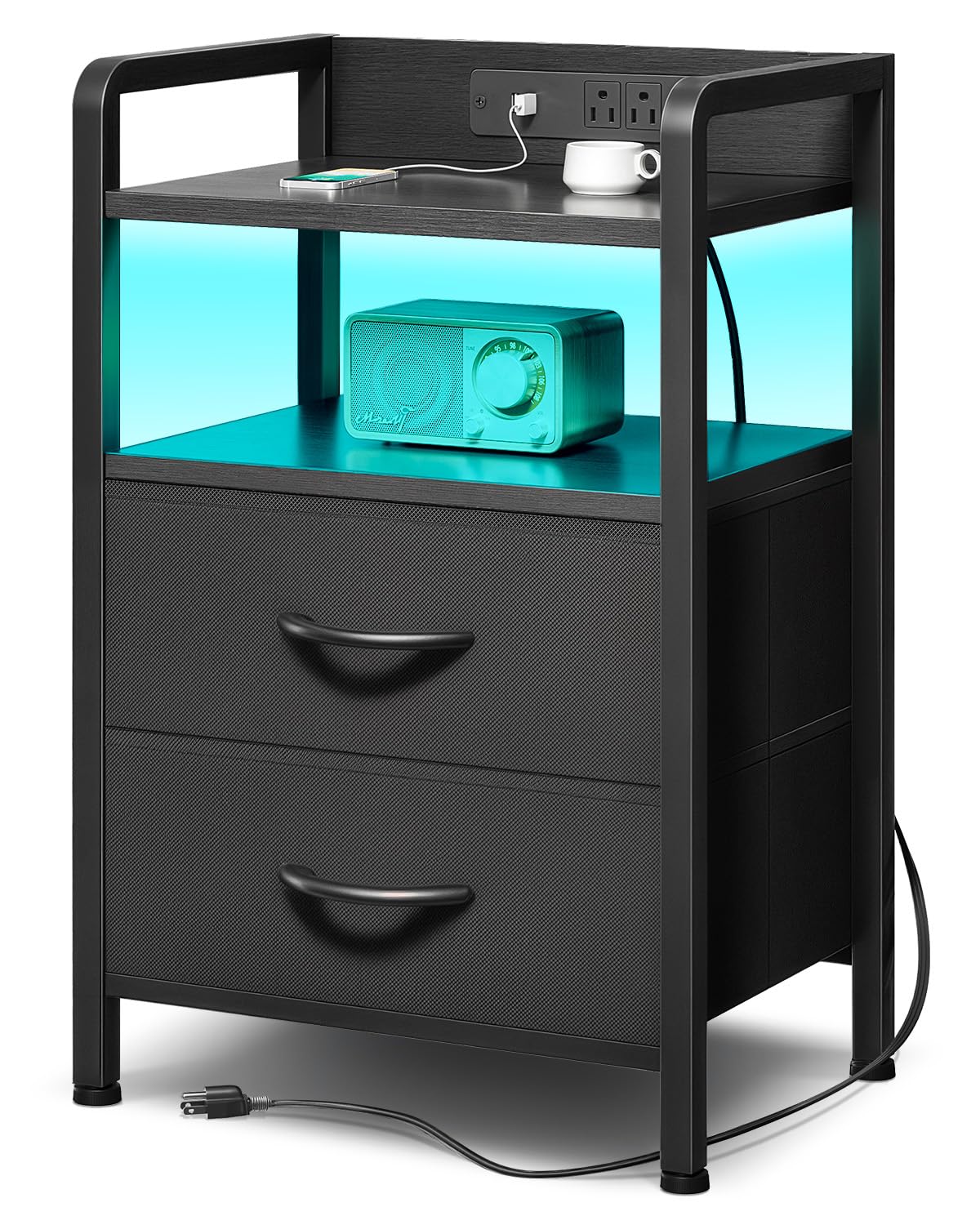 Nightstand with Rear Charging Station, LED Light, 2 Drawers, Black | Industrial Nightstand, 2 USB-A Ports & AC Outlets, Raised Back Guard, Fabric Storage Drawers, Bedside Table for Bedroom, Dorm