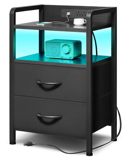 Nightstand with Rear Charging Station, LED Light, 2 Drawers, Black | Industrial Nightstand, 2 USB-A Ports & AC Outlets, Raised Back Guard, Fabric Storage Drawers, Bedside Table for Bedroom, Dorm
