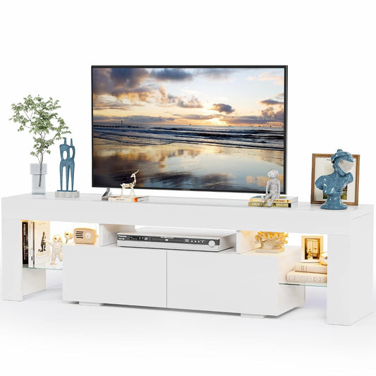 JUMMICO TV Stand with LED Lights, Modern Entertainment Center Media and Open Shelf Console Table Storage Desk with 1 Drawer and Remote Control 20 Color LED Lights up to 70 Inch TV (White)