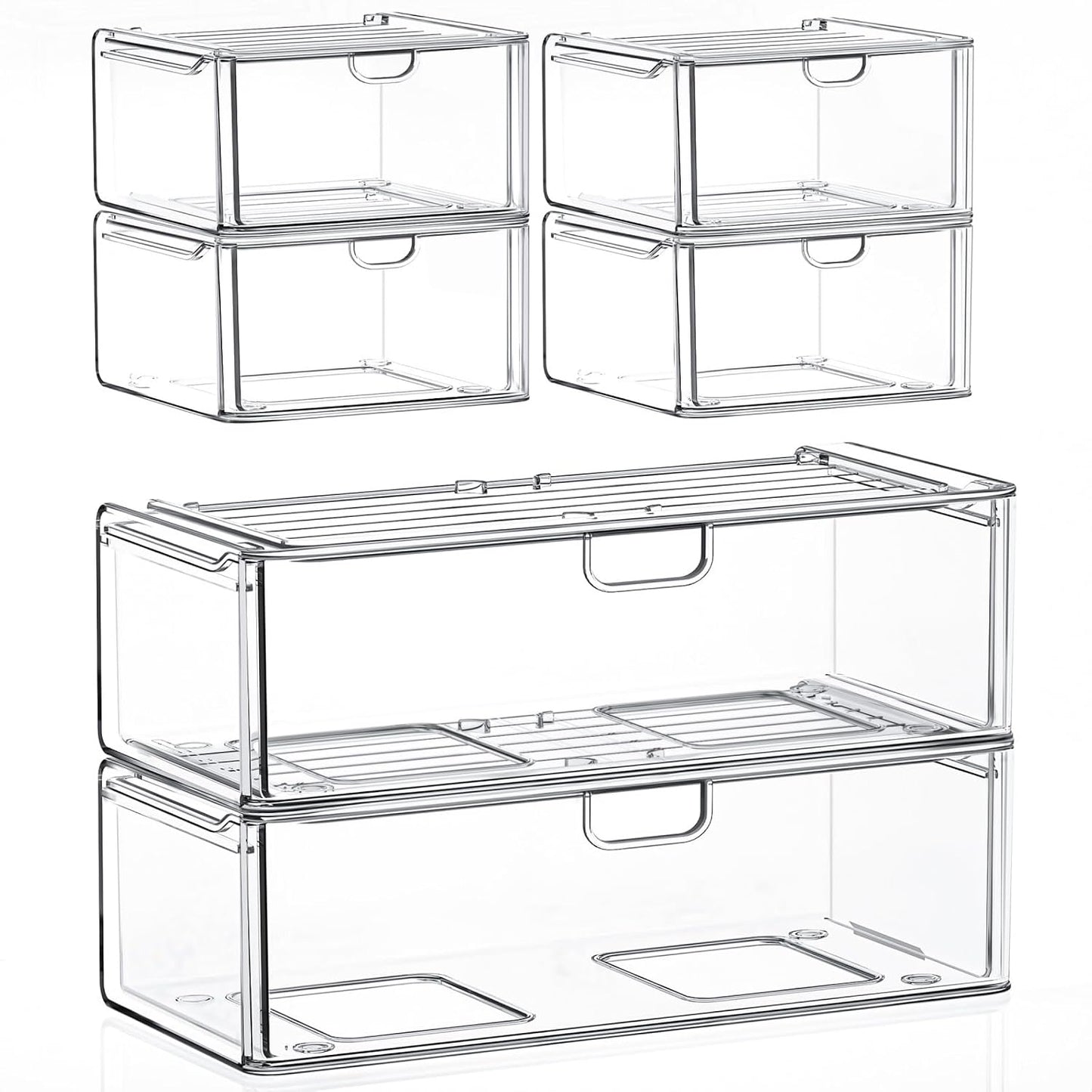 6-Pack Acrylic Stackable Storage Drawers for Vanity, Desk, Bath | 2 large & wide 13" drawers, Smooth-glide, stackable, clear body, dustproof, wipe clean, for makeup, pantry jars, under sink