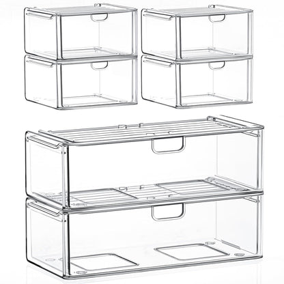 6-Pack Acrylic Stackable Storage Drawers for Vanity, Desk, Bath | 2 large & wide 13" drawers, Smooth-glide, stackable, clear body, dustproof, wipe clean, for makeup, pantry jars, under sink