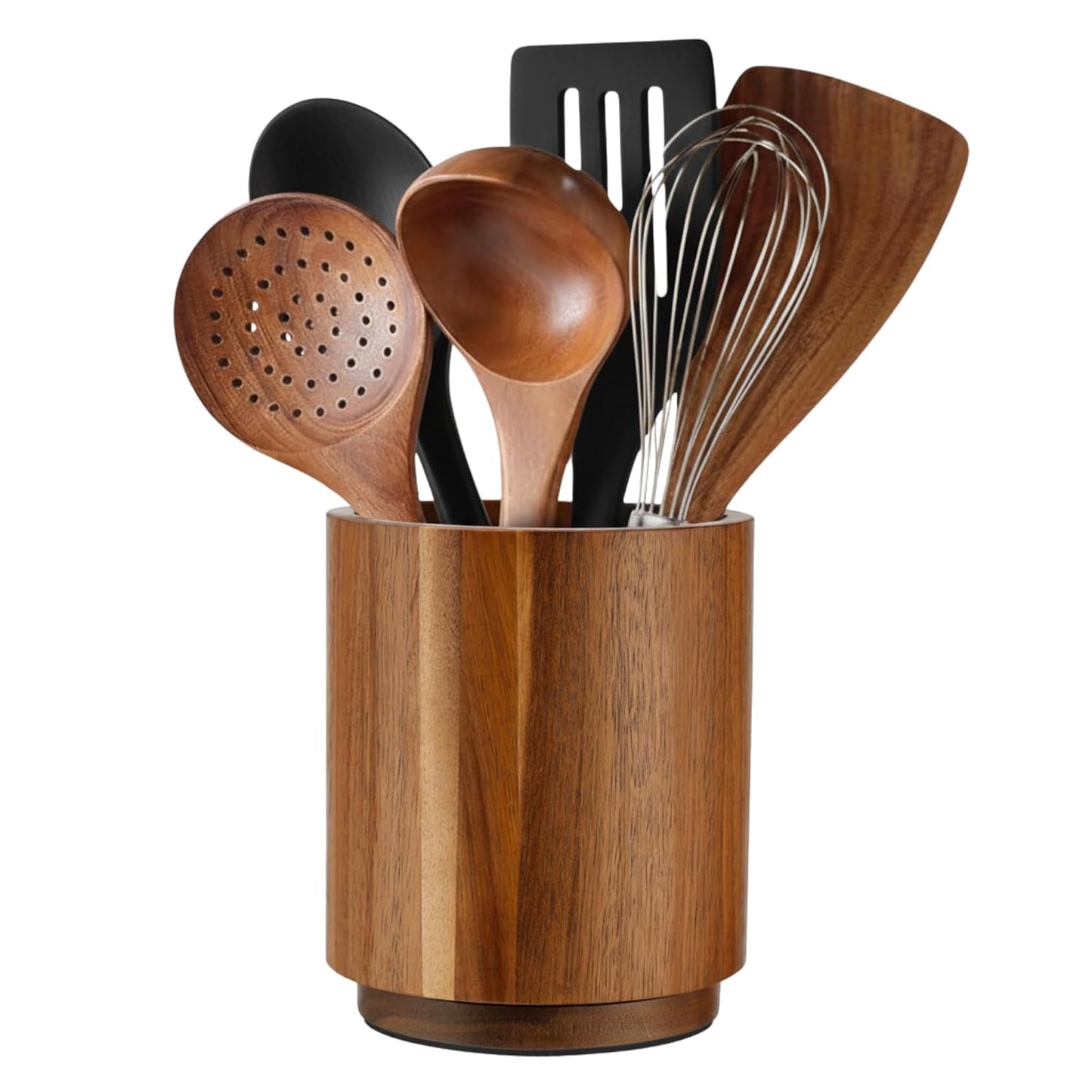 Linda's Essentials Acacia Wooden Utensil Holder for Kitchen Counter, 7.2" Wood Utensil Holder Counter, Kitchen Utensils Holder with 360° Rotation, Non-Slip Large Utensils Holders, Spatula Holders