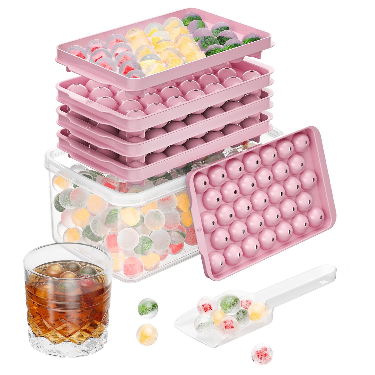 Optish 3 Pack Ice Trays for Freezer, 99 PCS Ice Cube Tray with Lid and Bin, Round Ice Cube Mold, Circle Ice Maker for Chilling Drinks (0.8 inch, Pink)