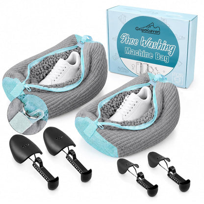 Shoe Washing Machine Bag with Adjustable Shoe Trees for Sneakers | 2 Pack Shoe Laundry Bags for Tennis Shoes, XXL Size, 4 Shoe Trees for Men & Women, Sturdy Zipper Hook, Premium Box Packaging
