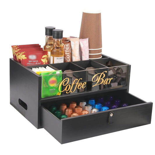 2-Tier Coffee Bar Organizer with Clear Acrylic Top, Built-in Drawer and Leather Handle Pull for Countertop, Stylish Coffee Station Storage Box for Accessories, Pods, Great Gifts for Home