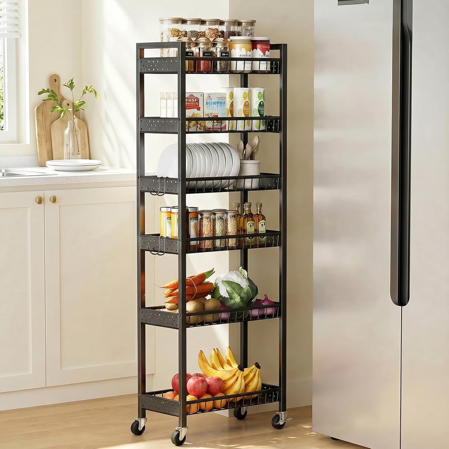 6 Tier Slim Storage Cart, Narrow Rolling Cart with Wheels, 10in(W) | Narrow Mobile Utility Shelf Unit Organizer for Kitchen, Bathroom, Laundry Room, Living Room, Small Places, Black