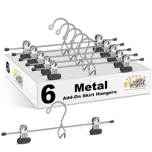 6 Quality Pants Hangers Heavy Duty Add-on Skirt/Slack Metal Hanger, Extra Wide Adjustable Clips, Multi Stackable Add on Hangers, Chrome, Jeans, Bottoms, Set of 6