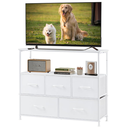 TV Stand Dresser, Media Console, Storage Drawers (White | Metal)