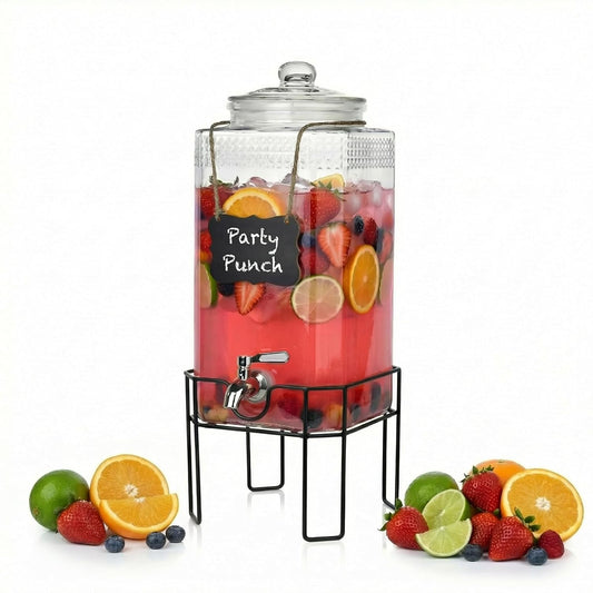 2 Gallon Glass Drink Dispenser, Drink Dispensers for Parties, Beverage Dispenser with Stand and Glass Lid, 100% Leakproof Spigot, Ideal for Lemonade, Juice, Laundry Detergent Dispenser