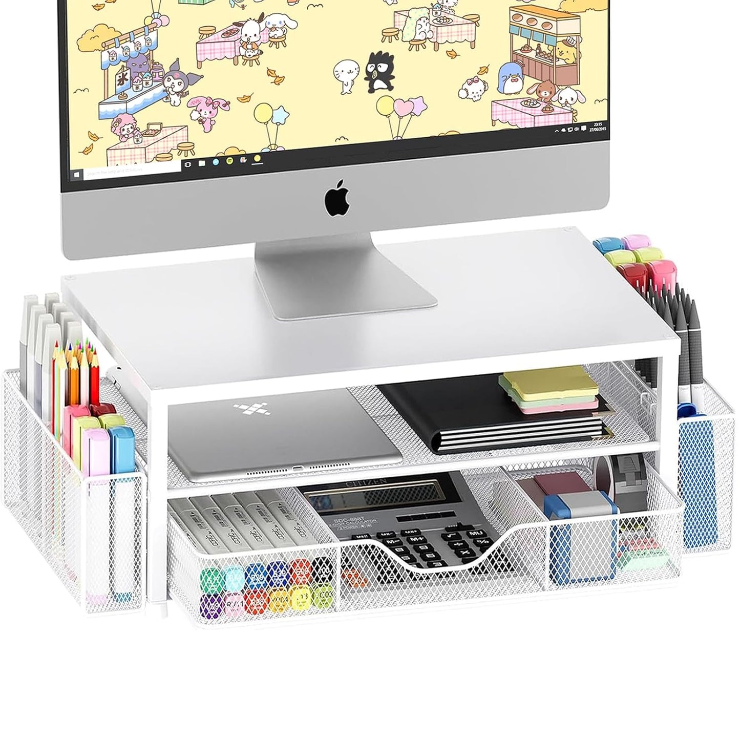 Desk Organizer and Accessories, 2-Tier Computer Monitor Stand Riser with Drawer and 2 Pen Holders, Laptop Stand, Office Desk Accessories for Office Supplies, 1 Pack, White