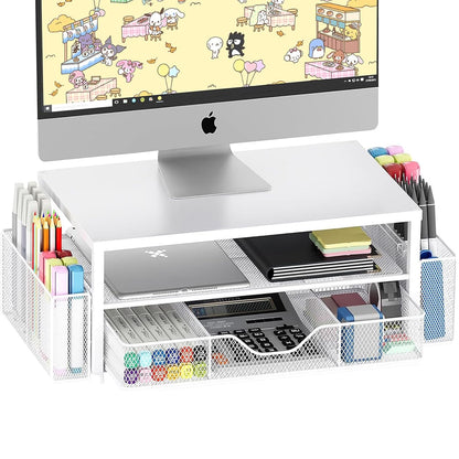 Desk Organizer and Accessories, 2-Tier Computer Monitor Stand Riser with Drawer and 2 Pen Holders, Laptop Stand, Office Desk Accessories for Office Supplies, 1 Pack, White