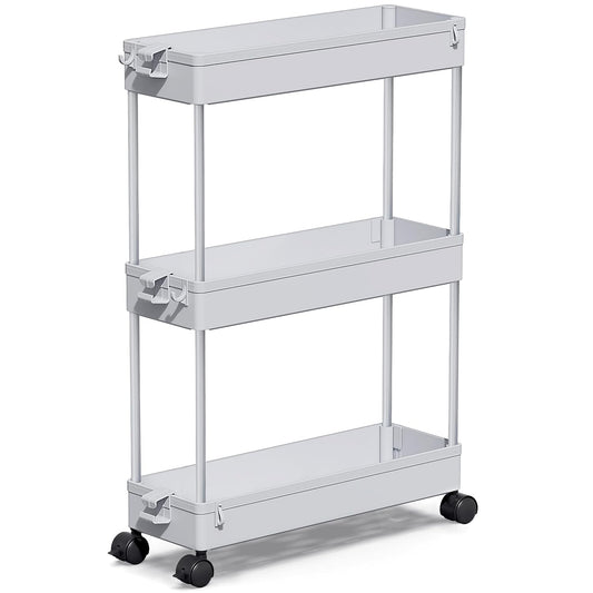 SPACEKEEPER Slim Rolling Storage Cart, 3 Tier Bathroom Cart Organizer, Gray | Narrow Rolling Cart with Wheels for Kitchen Office Bathroom Laundry Room,Mobile Utility Cart for Craft Art Makeup Nail Polish