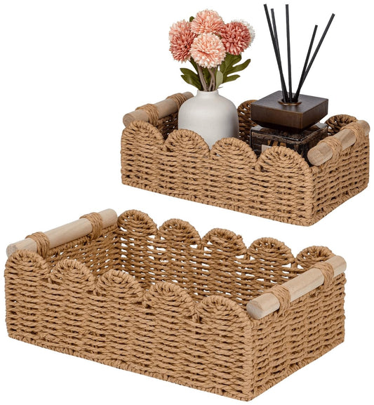 CubesLand Scalloped Toilet Paper Storage Basket for Over Toilet Shelves | Decorative Wicker Organizer Basket Perfect for Home Countertop Storage, Small Basket, Living Room Shelf Decor, Neutral