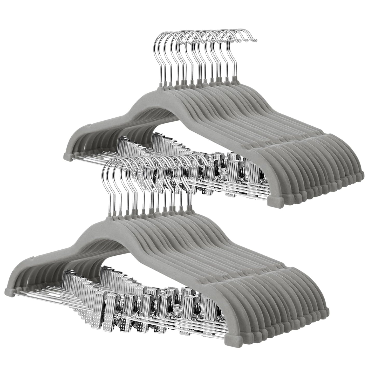 ManGotree Velvet Pants & Skirt Hangers with Movable Clips 32 Pack Grey | Ultra-Thin Space Saving Dress Hangers for Adult Clothing, Non-Slip Felt Coat Clothes Hangers with 360° Swivel Hook
