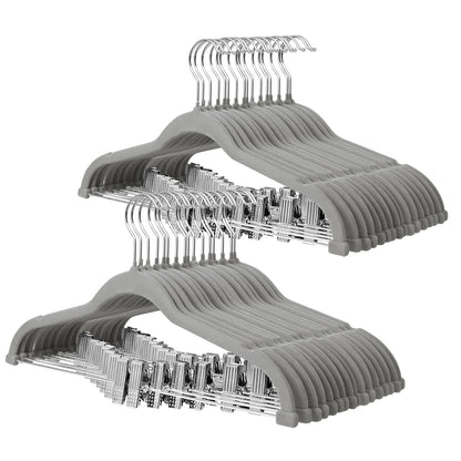 ManGotree Velvet Pants & Skirt Hangers with Movable Clips 32 Pack Grey | Ultra-Thin Space Saving Dress Hangers for Adult Clothing, Non-Slip Felt Coat Clothes Hangers with 360° Swivel Hook