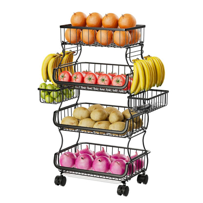 Simple Trending Stackable Cart, Fruit Vegetable Basket with Wheels, 4 Tier | Rolling Cart with 2 Hanging Baskets, Kitchen Storage Metal Wire Basket Stand for Vegetable Snacks, Black