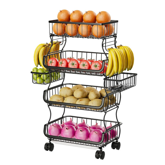 Simple Trending Stackable Cart, Fruit Vegetable Basket with Wheels, 4 Tier | Rolling Cart with 2 Hanging Baskets, Kitchen Storage Metal Wire Basket Stand for Vegetable Snacks, Black