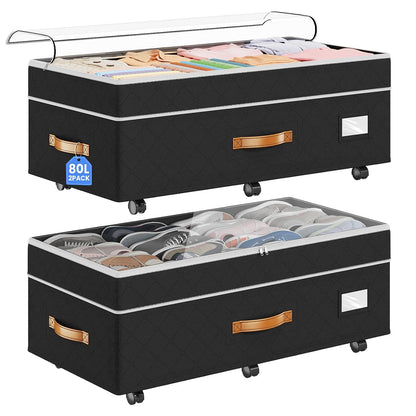80L 2 Pack Adjustable Under Bed Storage with Wheels | Underbed containers with clear lids, rolling under bed shoe storage organizer for dorm home clothes, blankets, toys, black