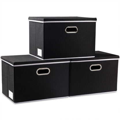 Large Foldable Storage Boxes with Lids [3-Pack] Fabric Collapsible Storage Bins Organizer Containers Baskets Cube with Cover for Home Bedroom Closet Office Nursery Black(17.7x11.8x11.8)